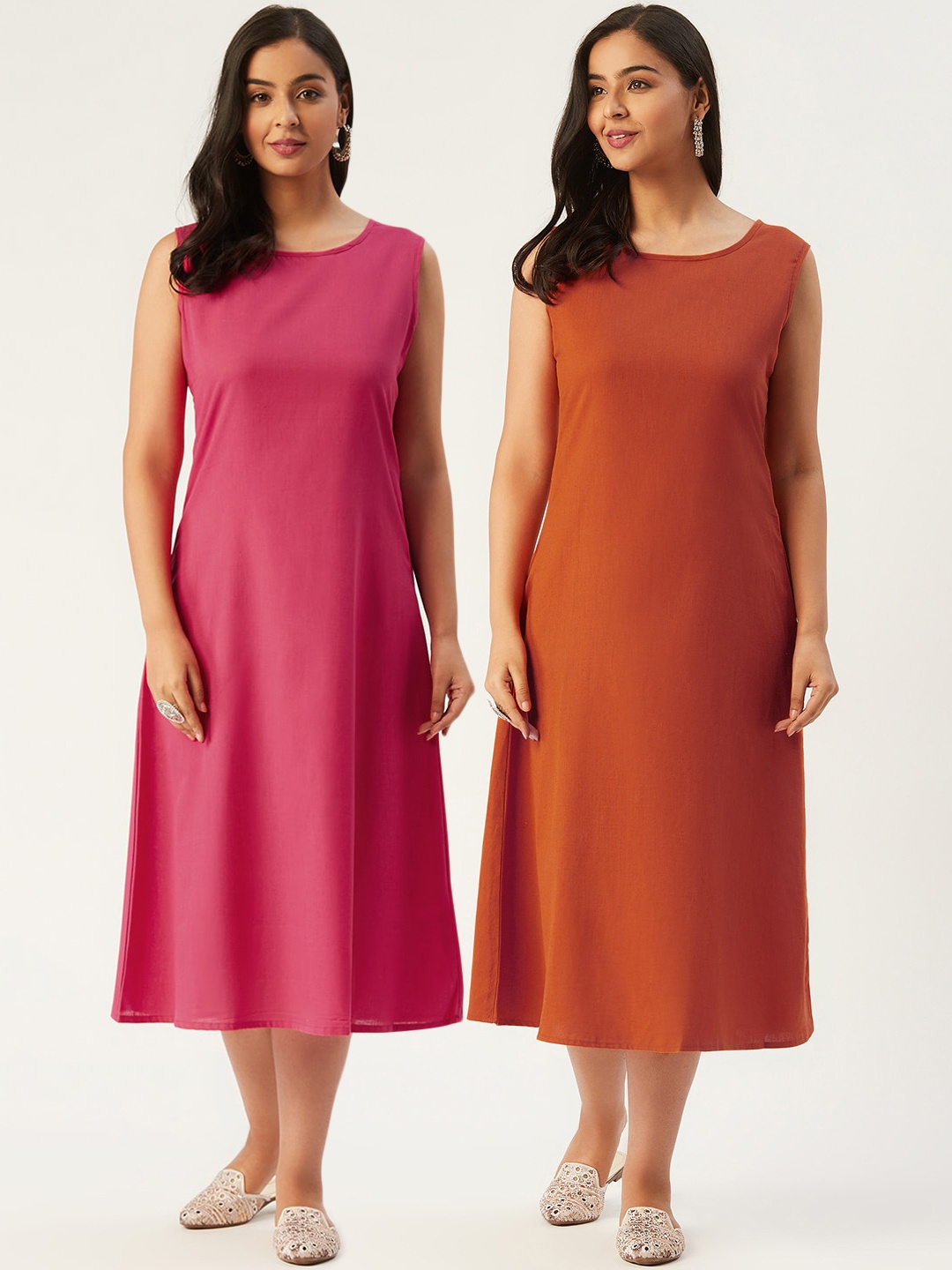 

Molcha Pack Of 2 Pink & Orange A-Line Midi Dress