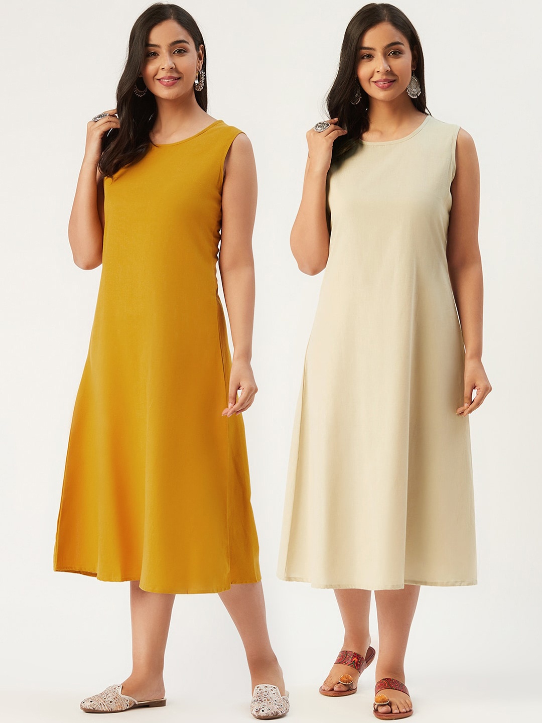 

Molcha Women Pack Of 2 Pure Cotton A-Line Midi Dress, Off white
