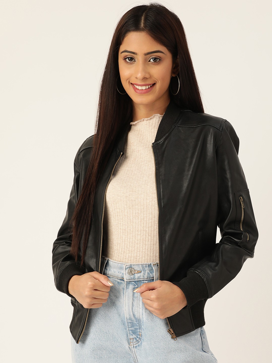 

Leather Retail Women Black Solid Lightweight Biker Jacket