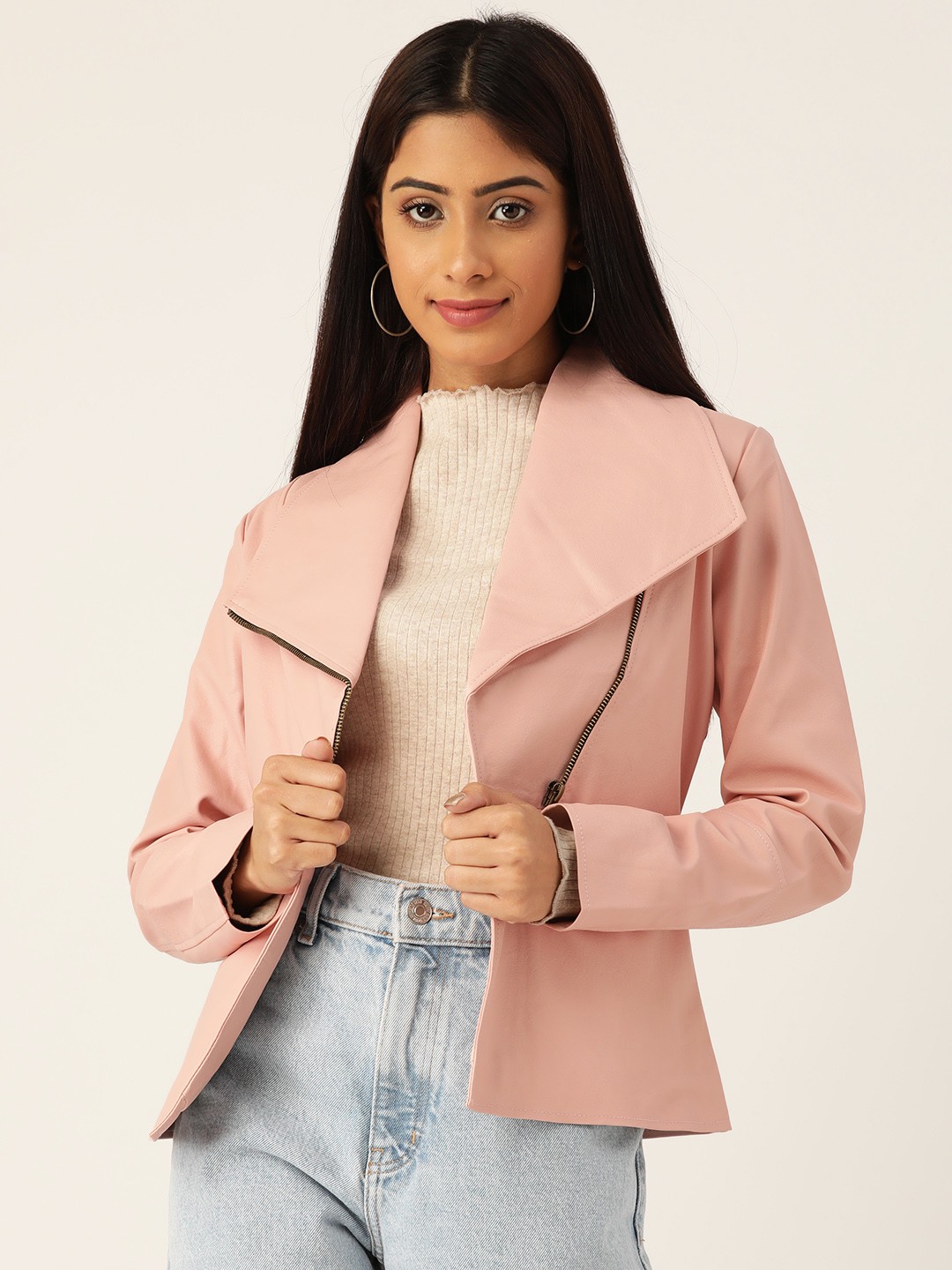 

Leather Retail Women Pink Solid Lightweight Biker Jacket