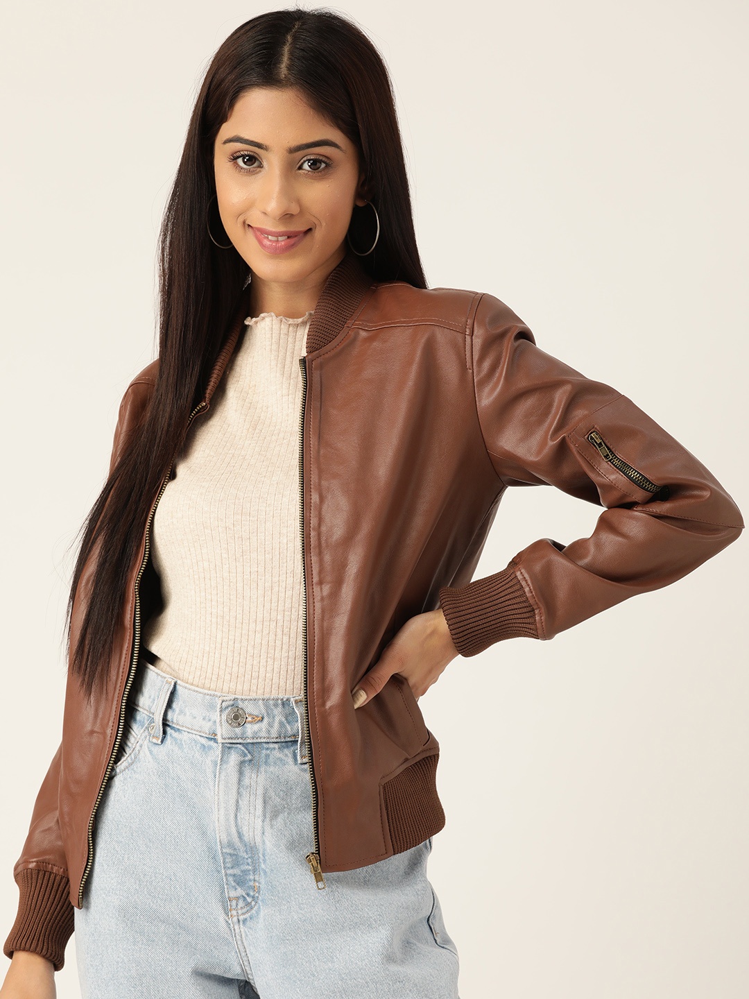 

Leather Retail Women Brown Lightweight Bomber Jacket
