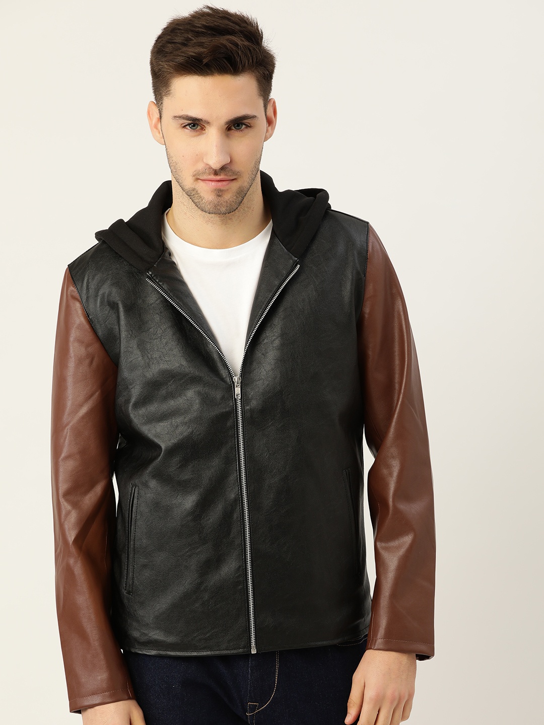 

Leather Retail Men Black & Brown Hooded Tailored Jacket