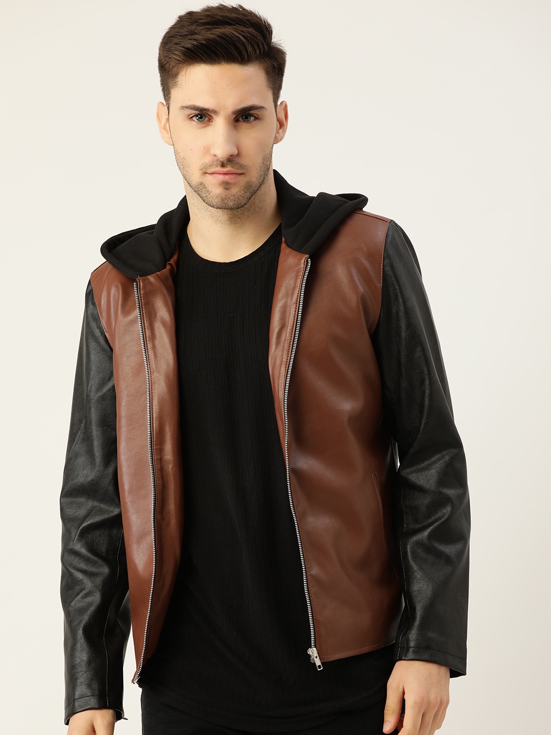 

Leather Retail Men Brown & Black Hooded Tailored Jacket