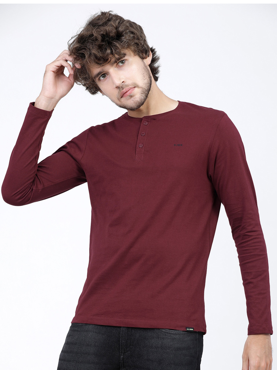 

HIGHLANDER Men Maroon Henley Neck Slim Fit T-shirt