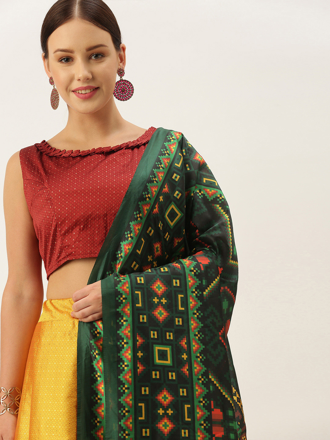 

LADUSAA Yellow & Red Patterned Semi-Stitched Lehenga & Unstitched Blouse With Dupatta