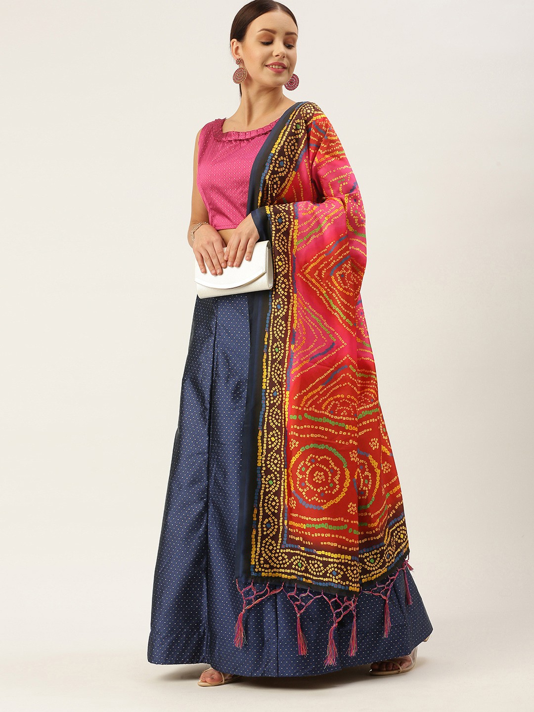 

LADUSAA Navy Blue & Pink Printed Tie and Dye Semi-Stitched Lehenga & Unstitched Blouse With Dupatta