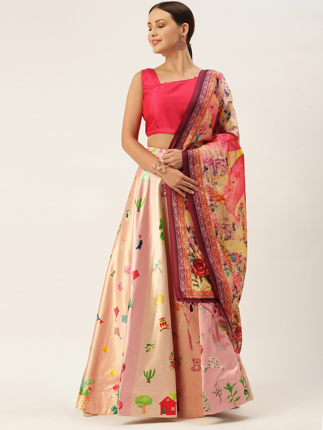 

LADUSAA Peach-Coloured & Pink Printed Tie and Dye Semi-Stitched Lehenga & Unstitched Blouse With Dupatta