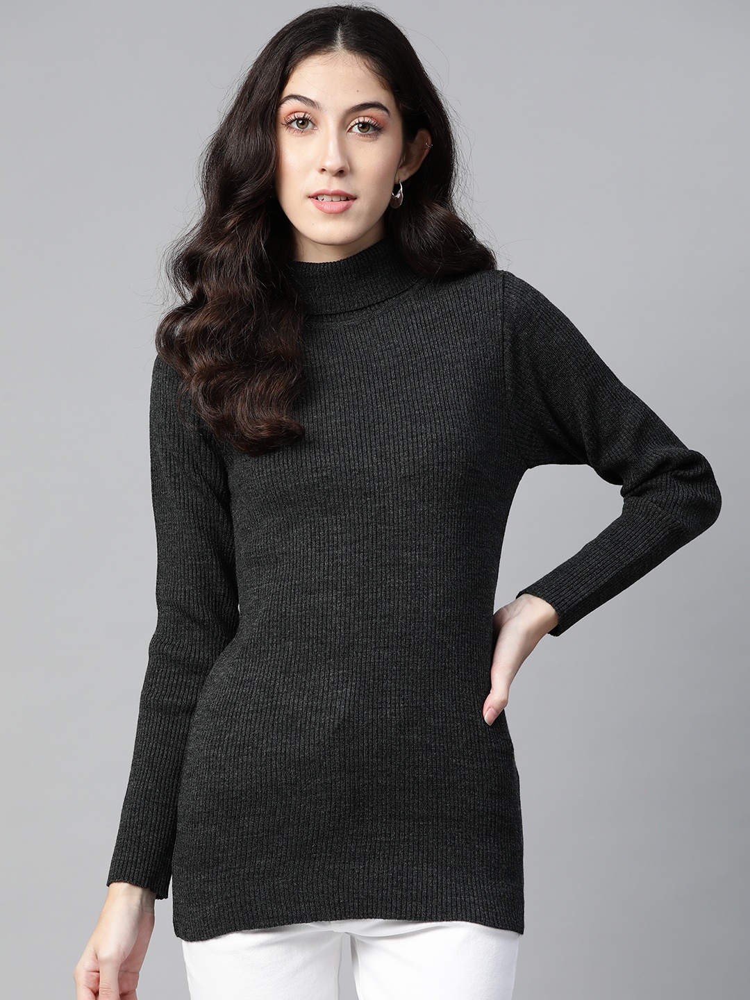 

PICOT Women Charcoal Ribbed Pullover