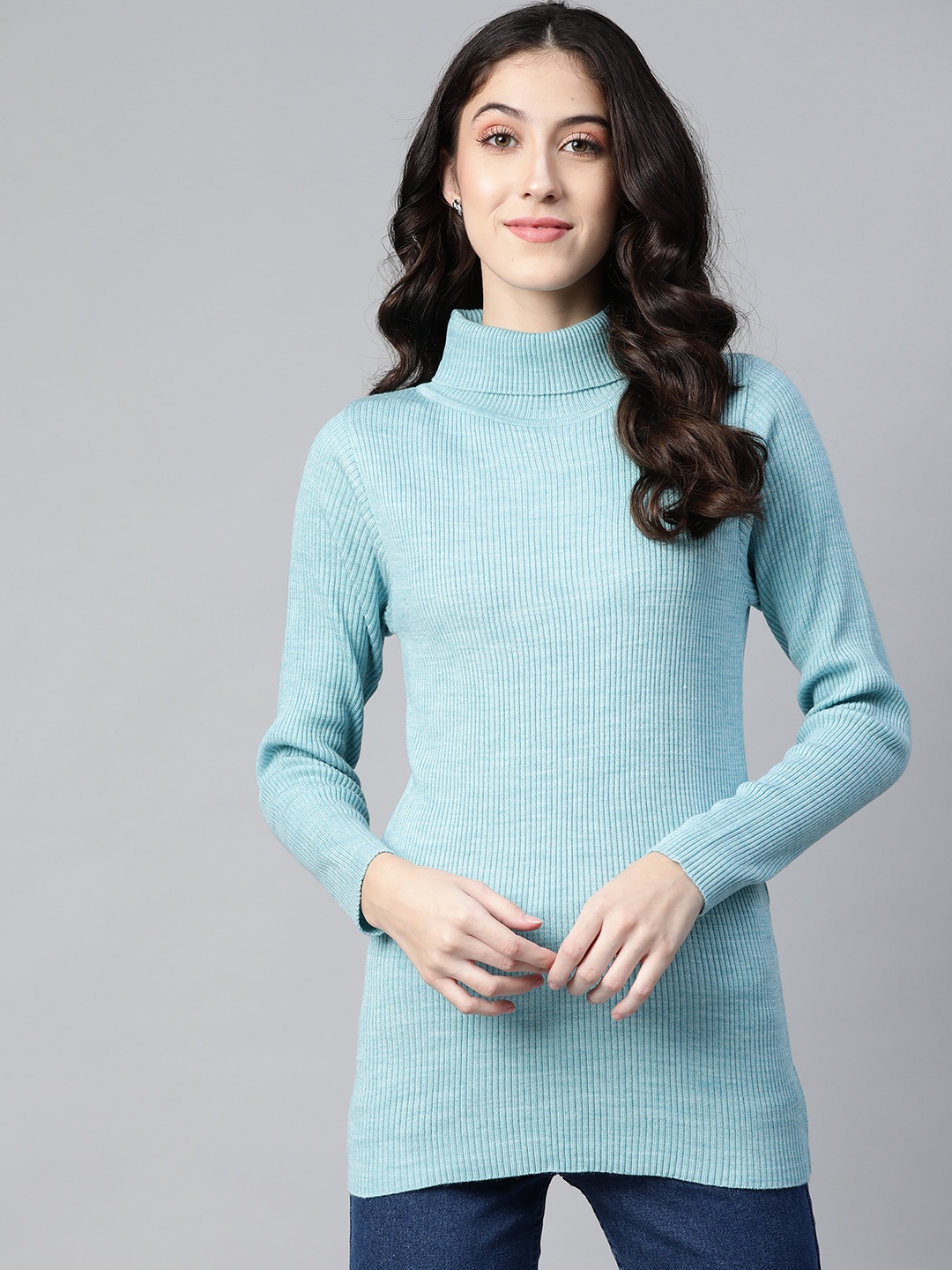 

PICOT Women Blue Ribbed Turtle Neck Pullover, Turquoise blue