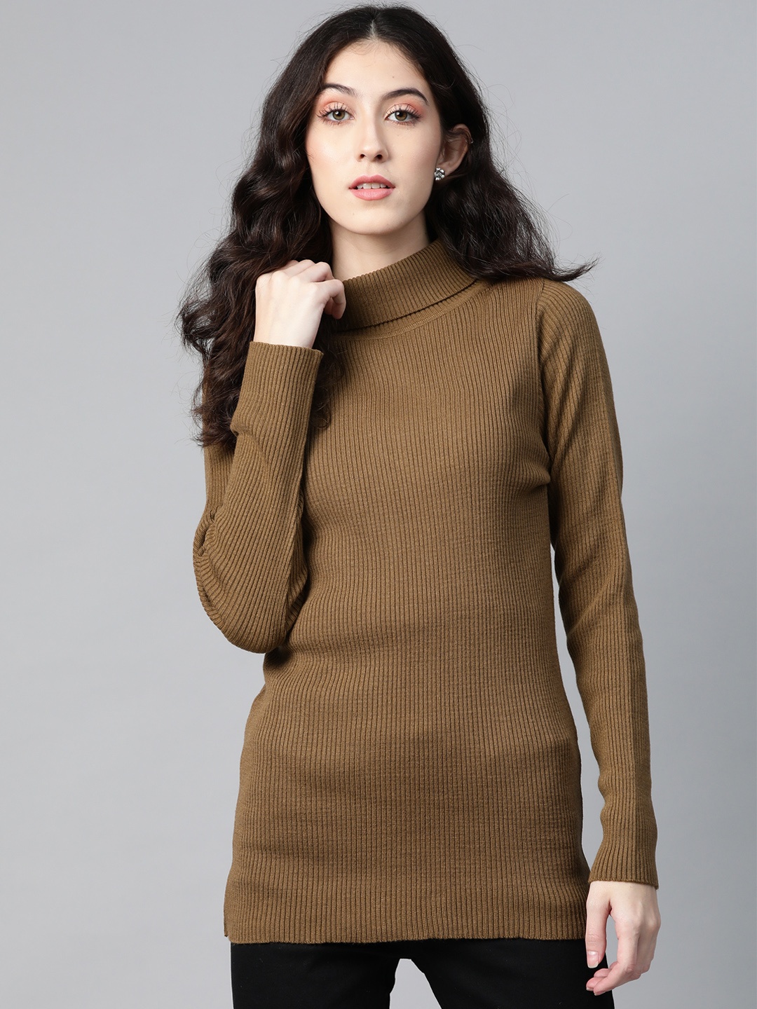 

PICOT Women Olive Brown Ribbed Turtle Neck Longline Pullover