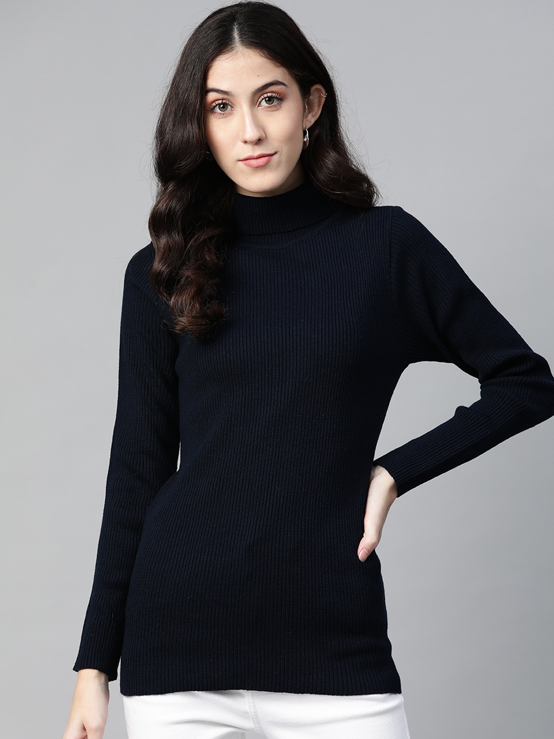 

PICOT Women Navy Blue Ribbed Pullover