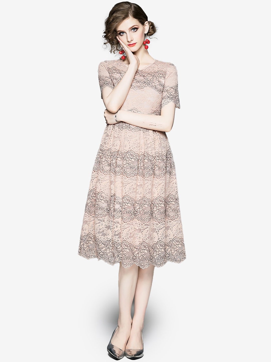 

JC Collection Peach-Coloured & Black Self Design Midi Fit & Flare Dress