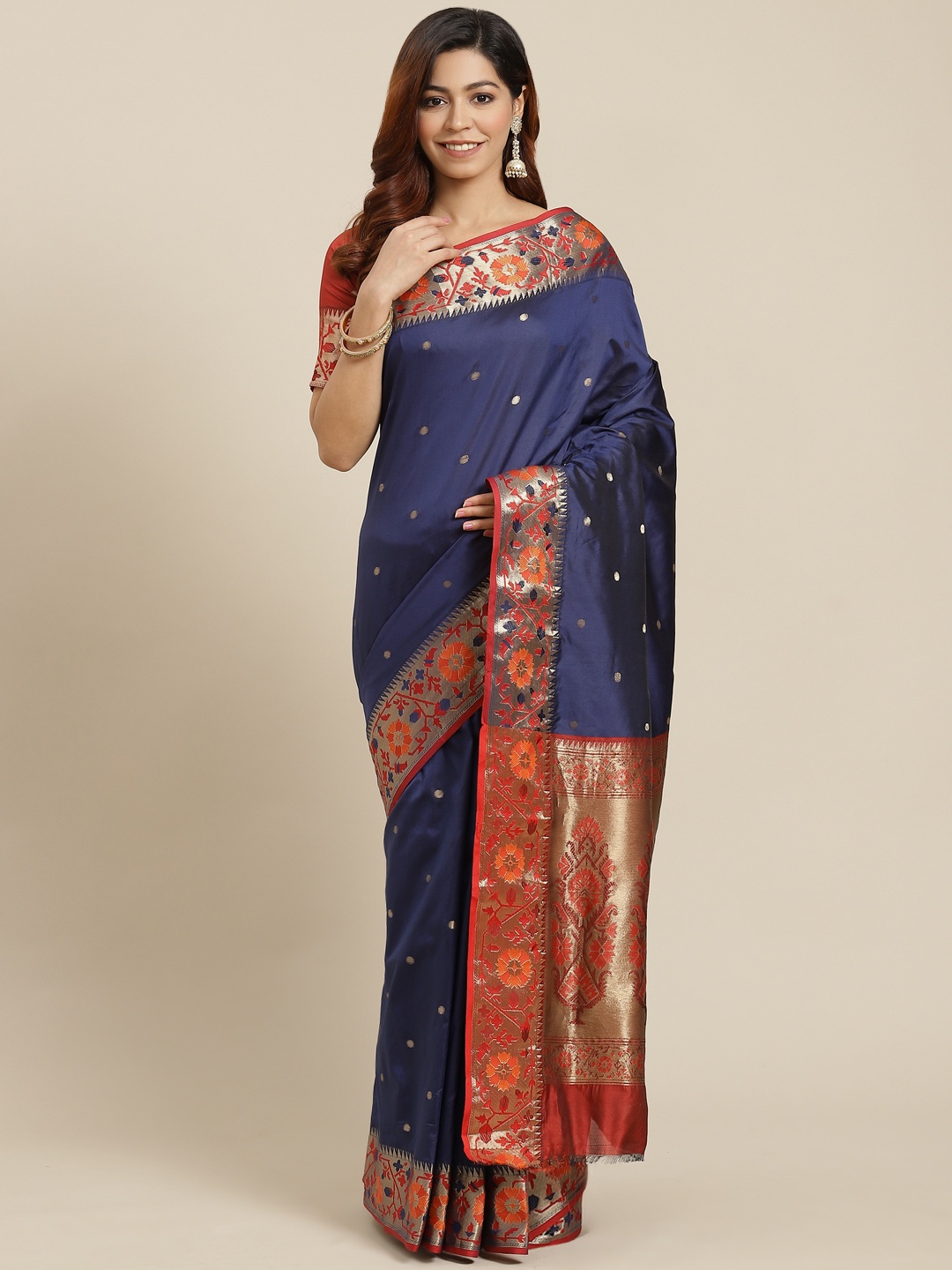 

MANOHARI Women Navy Blue & Maroon Ethnic Motifs Zari Banarasi Saree