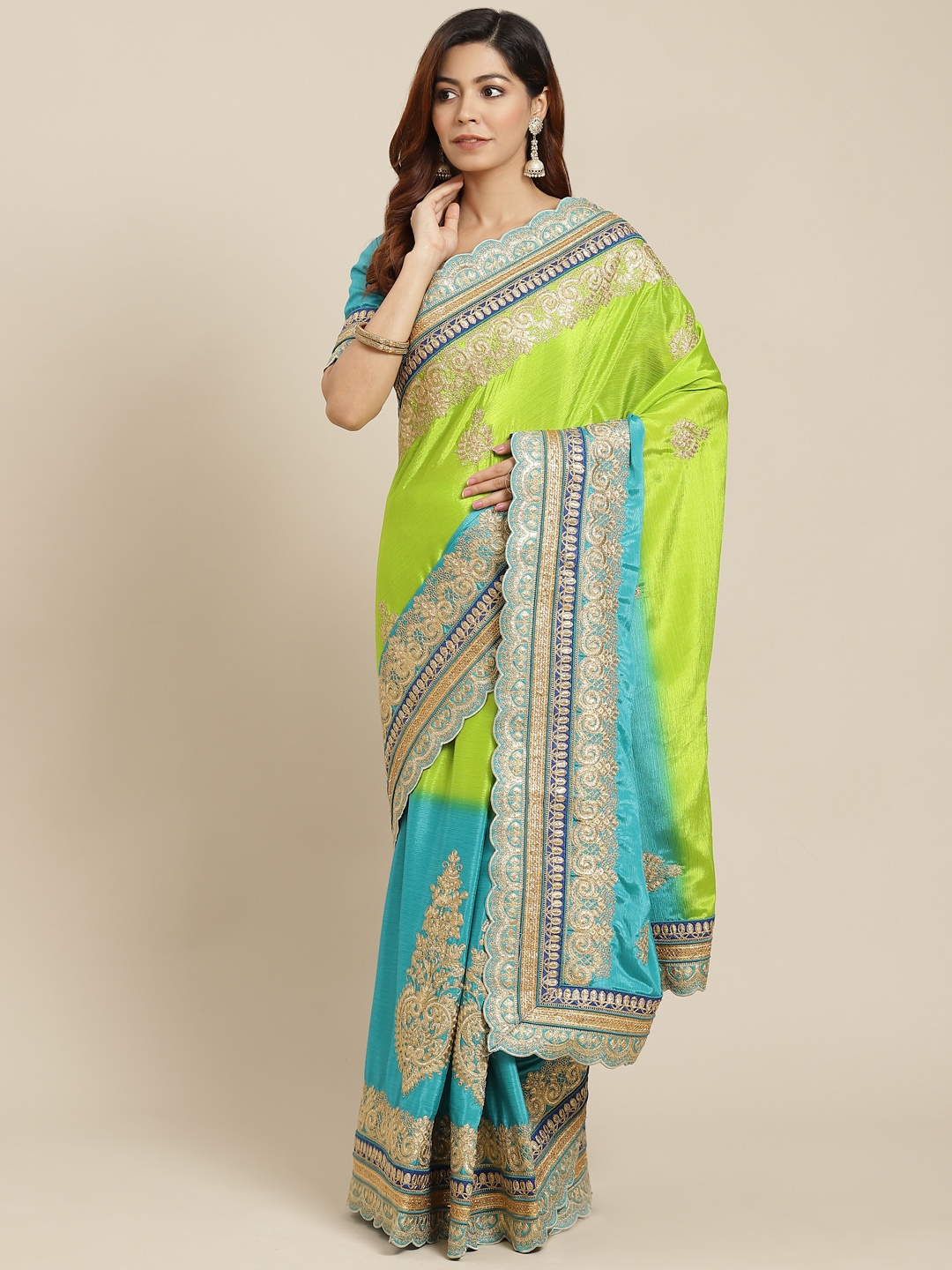 

MANOHARI Blue & Green Ethnic Motifs Pure Chiffon Saree