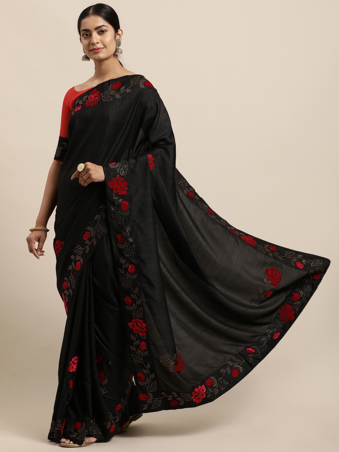 

LADUSAA Black & Red Floral Zardozi Silk Blend Saree