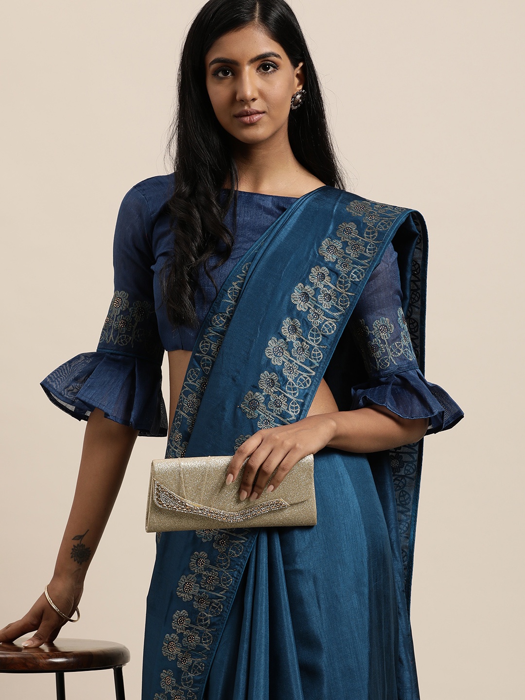 

LADUSAA Turquoise Blue Floral Zardozi Silk Blend Saree