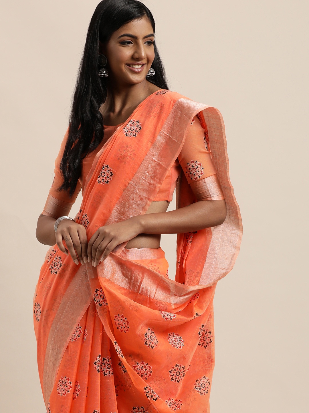 

LADUSAA Orange Floral Zari Saree