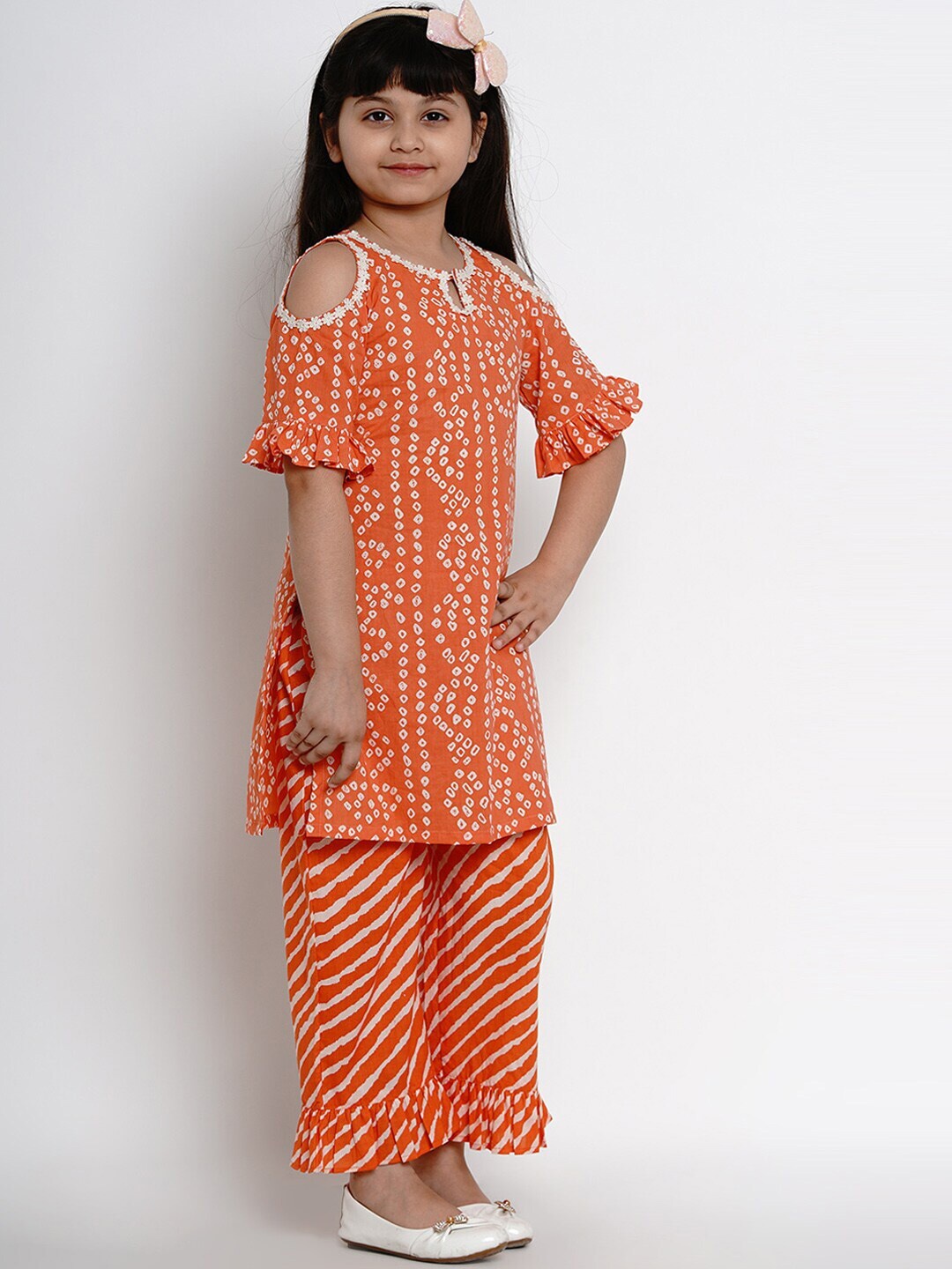 

Bitiya by Bhama Girls Orange Bandhani Printed Pure Cotton Kurta with Salwar