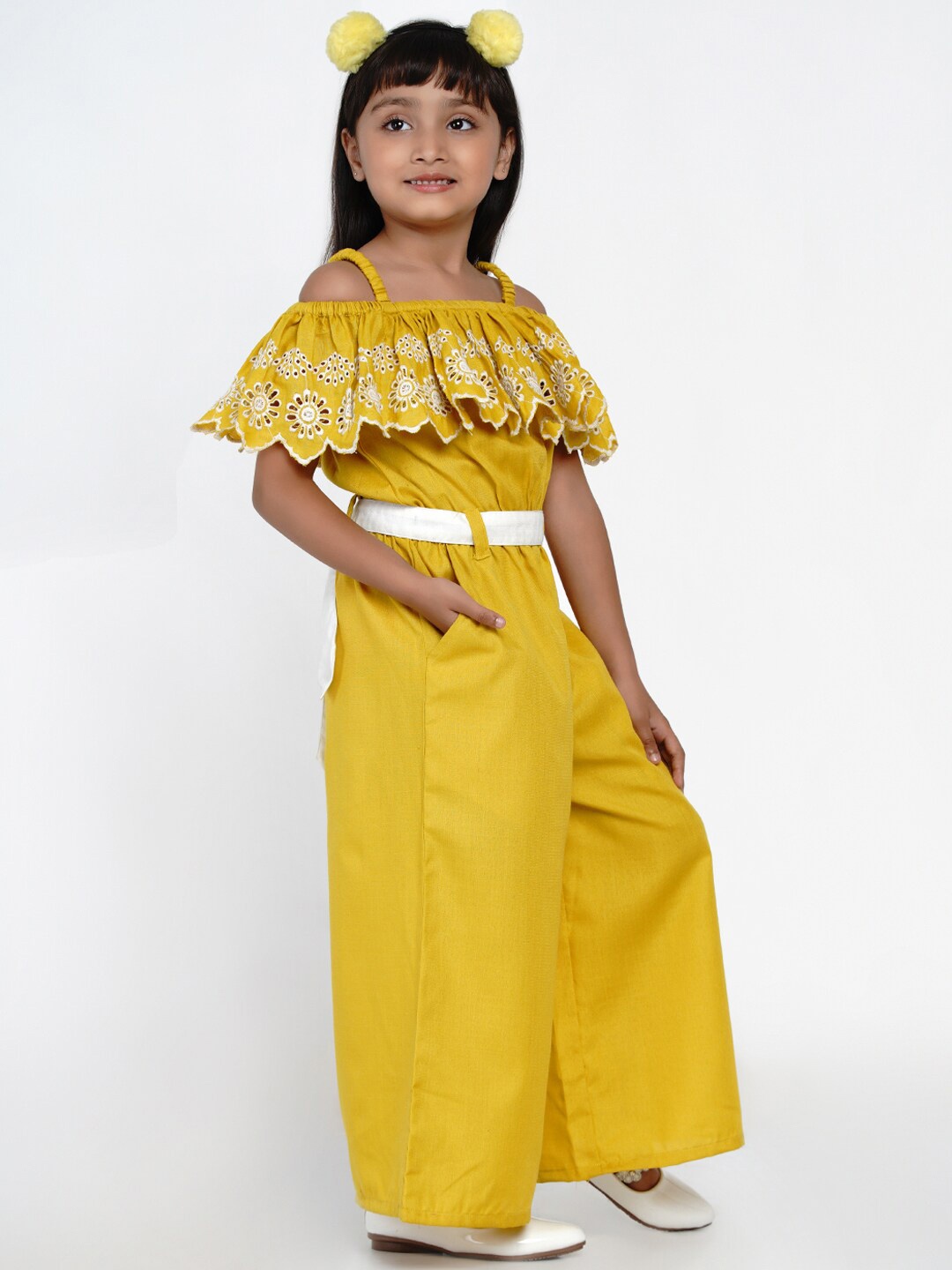 

Bitiya by Bhama Girls Mustard Yellow & White Off-Shoulder Schiffli Basic Jumpsuit