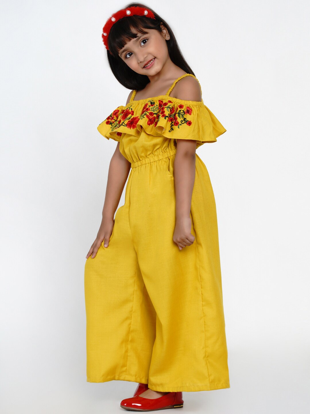 

Bitiya by Bhama Girls Mustard & Red Basic Jumpsuit with Embroidered