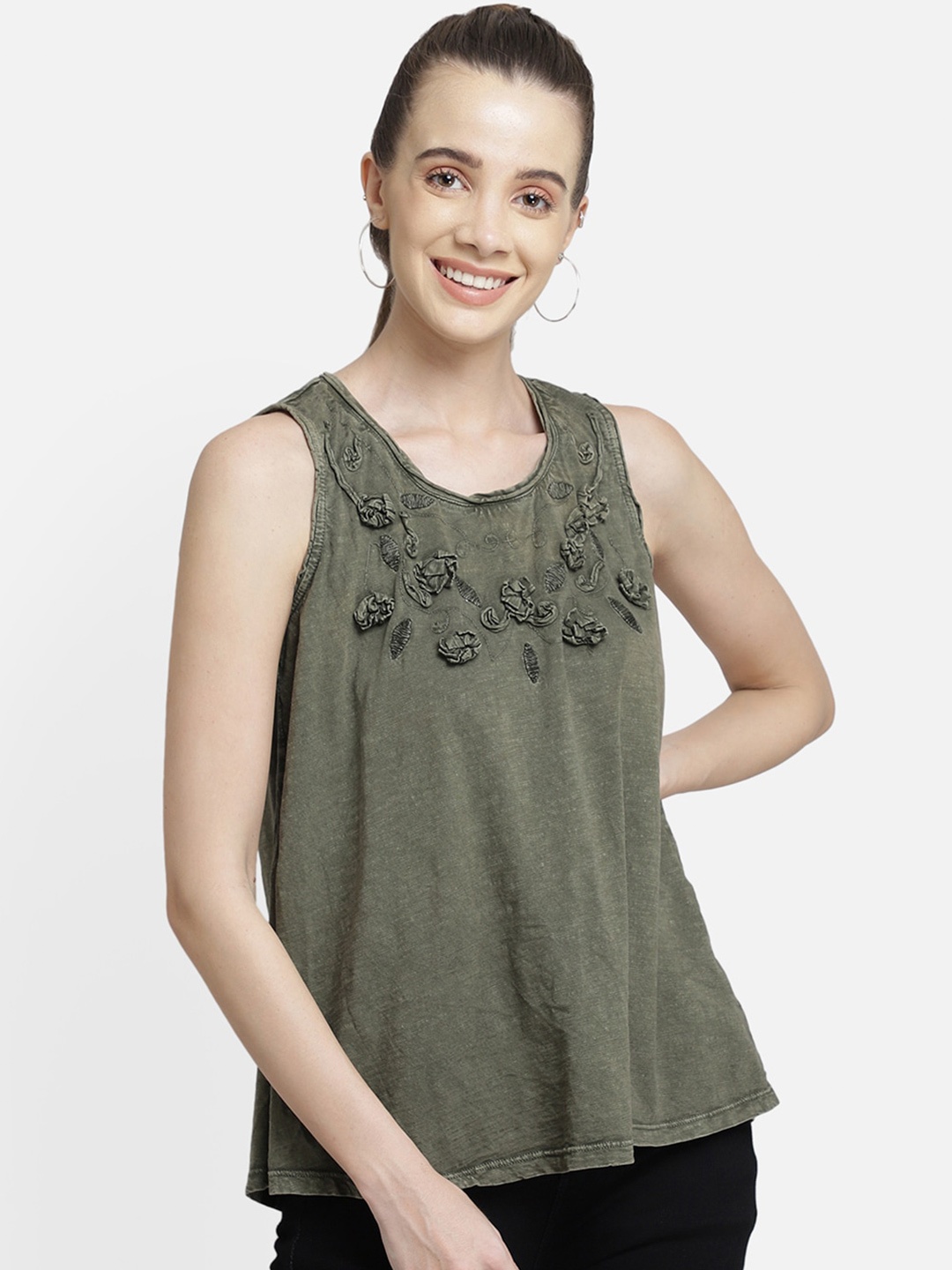 

Aditi Wasan Olive Green Floral Embroidered A-Line Top