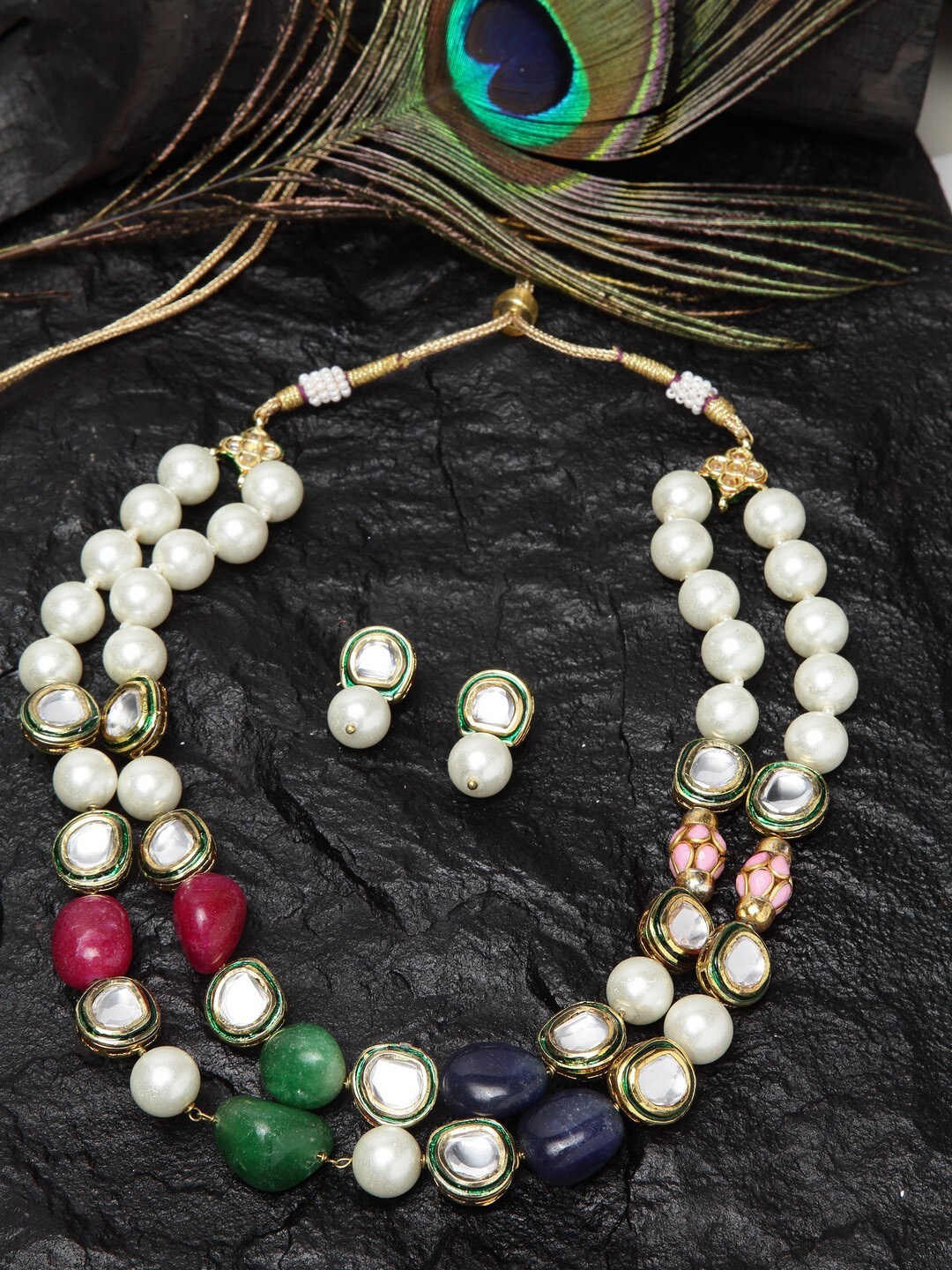 

DUGRISTYLE Gold-Plated White & Red Kundan-Studded Pearls Faux Emerald & Faux Ruby Beaded Layered Handcrafted Jewellery Set