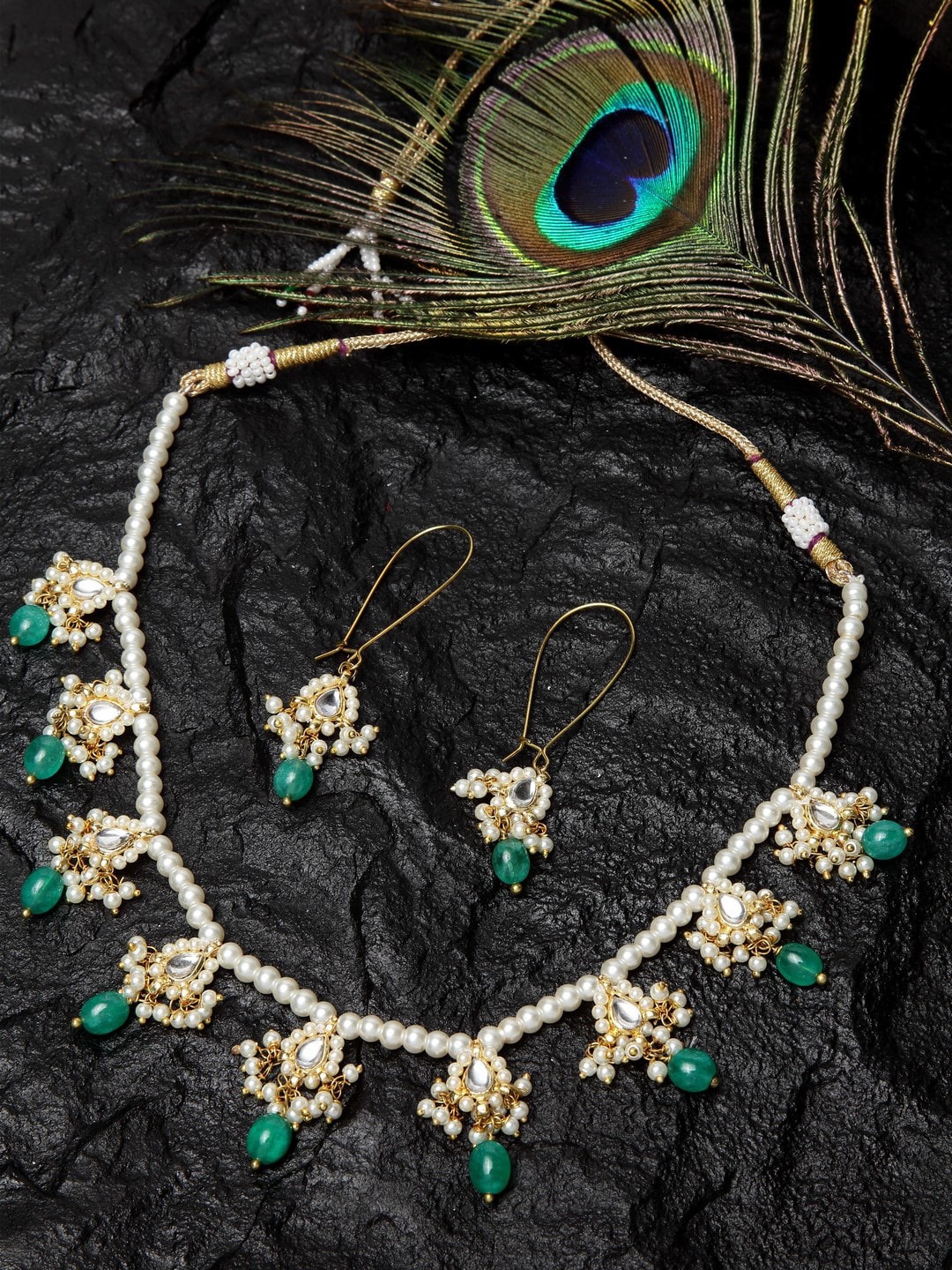 

DUGRISTYLE Gold-Plated & White Kundan-Studded & Pearl Beaded & Faux Emerald Handcrafted Jewellery Set