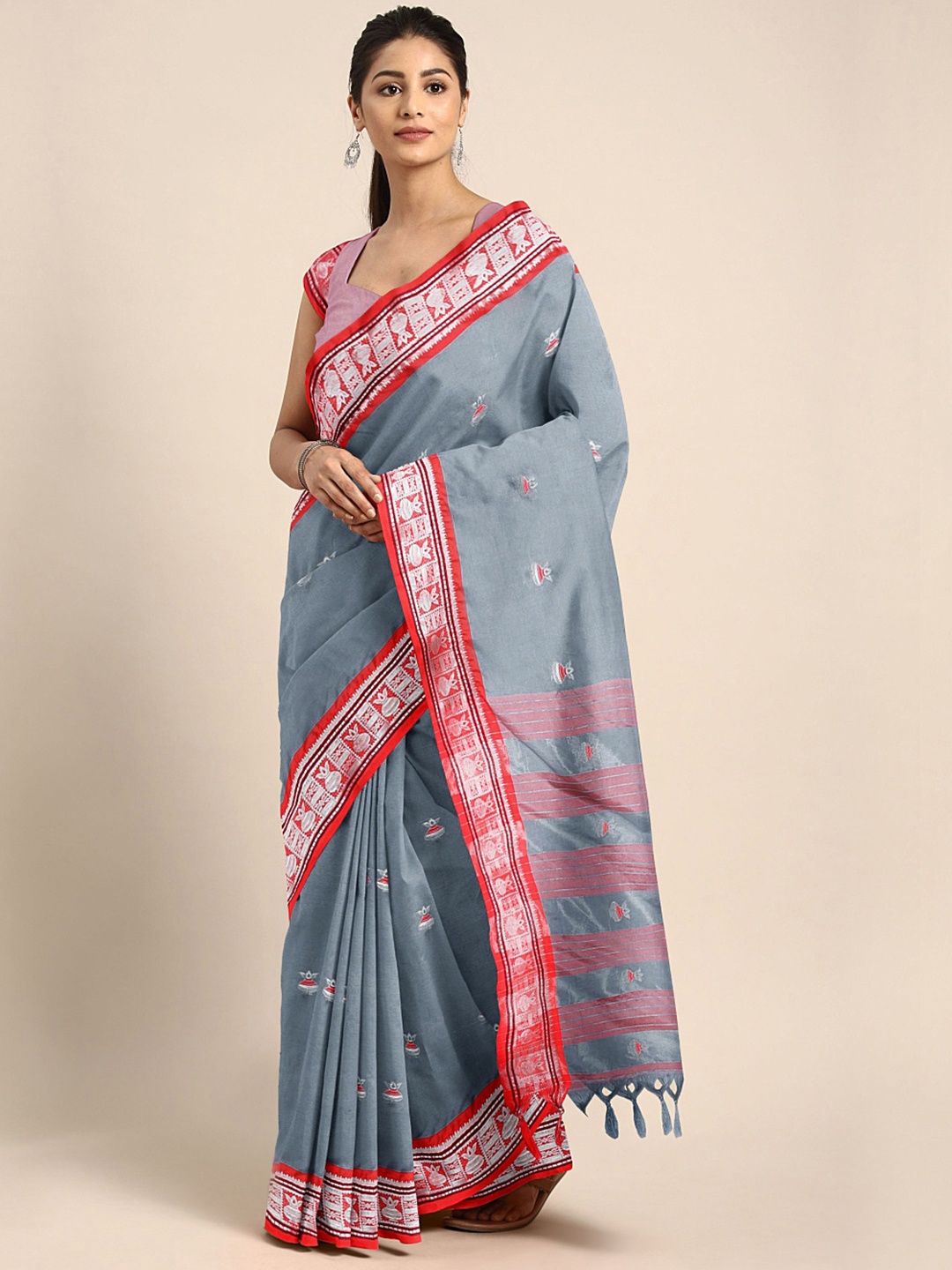 

KALINI Grey & Coral Red Ethnic Motifs Embroidered Pure Cotton Banarasi Saree