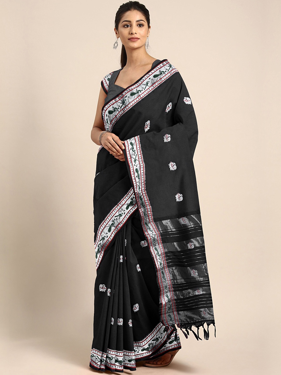 

KALINI Black & Silver Ethnic Motifs Embroidered Pure Cotton Banarasi Saree