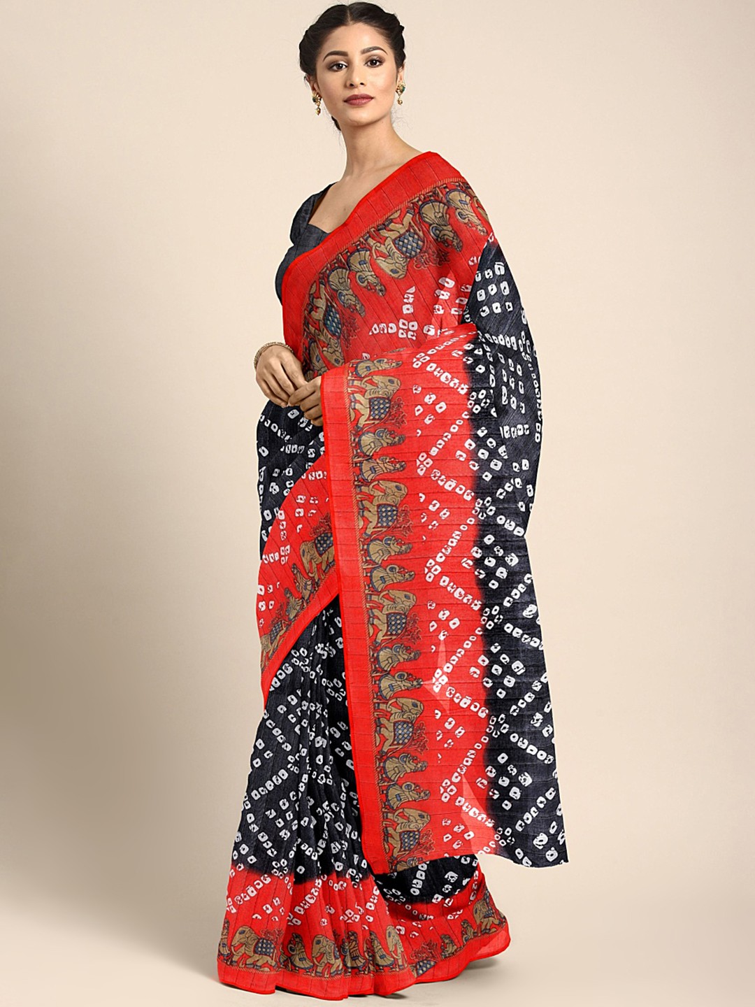 

KALINI Black & White Bandhani Print Mysore Silk Saree
