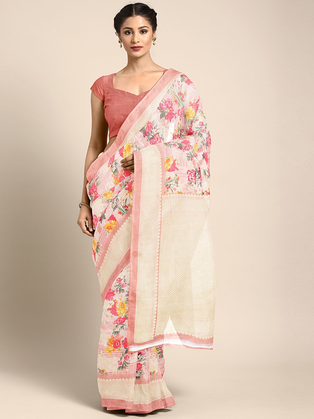 

KALINI Cream-Coloured & Pink Floral Print Mysore Silk Saree