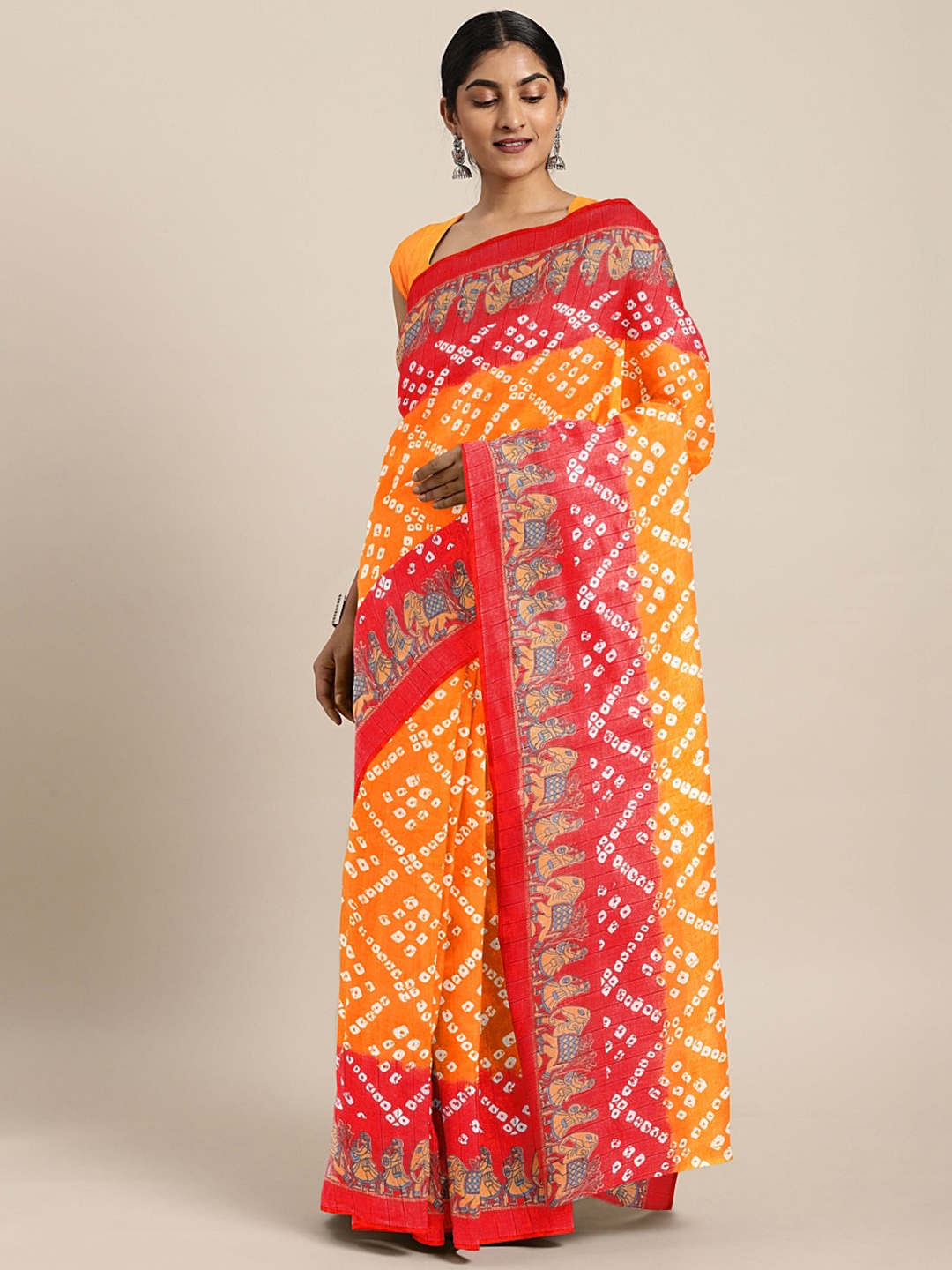 

KALINI Yellow & Red Bandhani Print Mysore Silk Saree