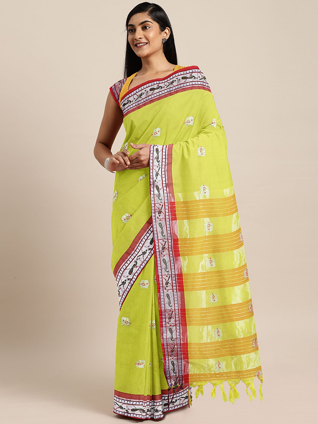 

KALINI Yellow & Silver Ethnic Motifs Embroidered Pure Cotton Banarasi Saree