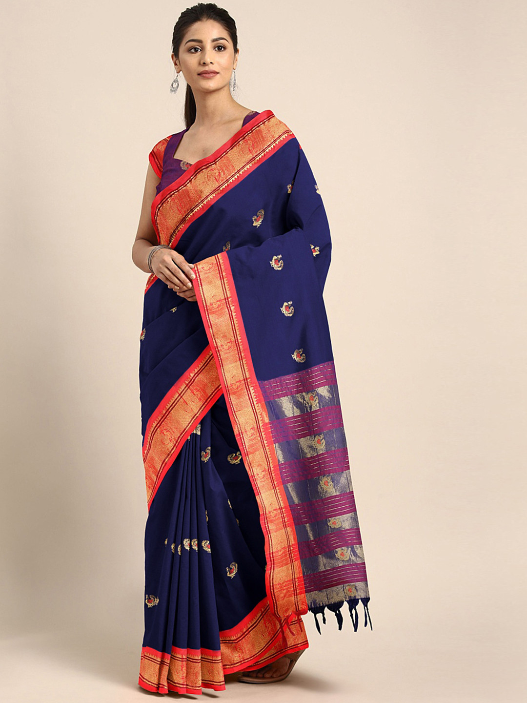 

KALINI Navy Blue & Golden Ethnic Motifs Embroidered Pure Cotton Banarasi Saree