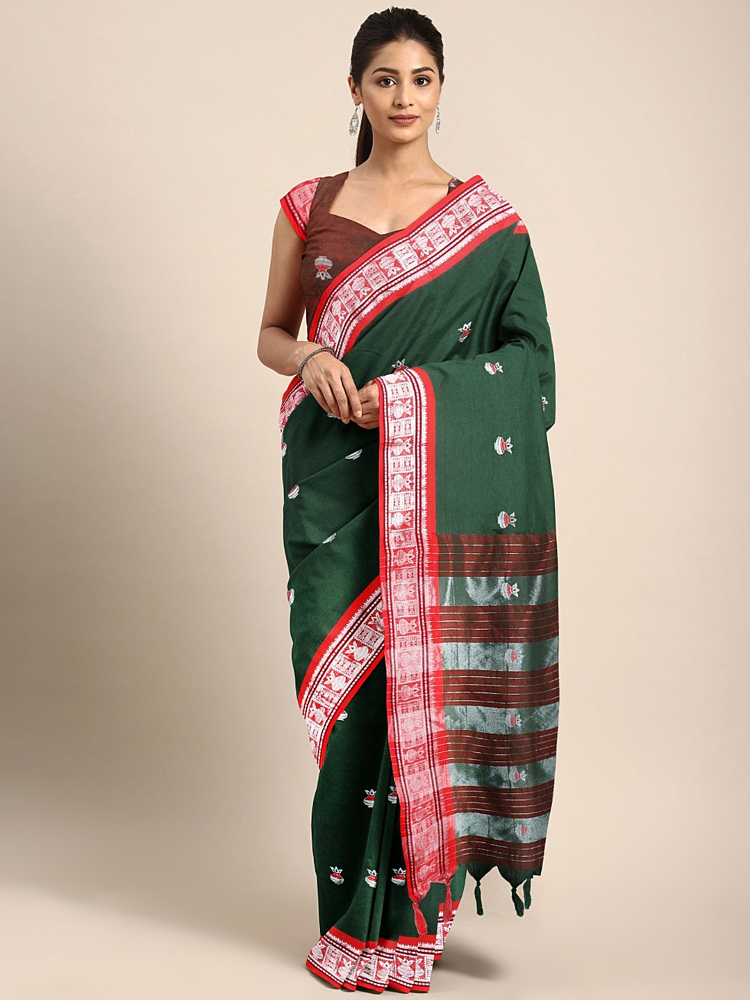 

KALINI Green Ethnic Motifs Pure Cotton Banarasi Saree