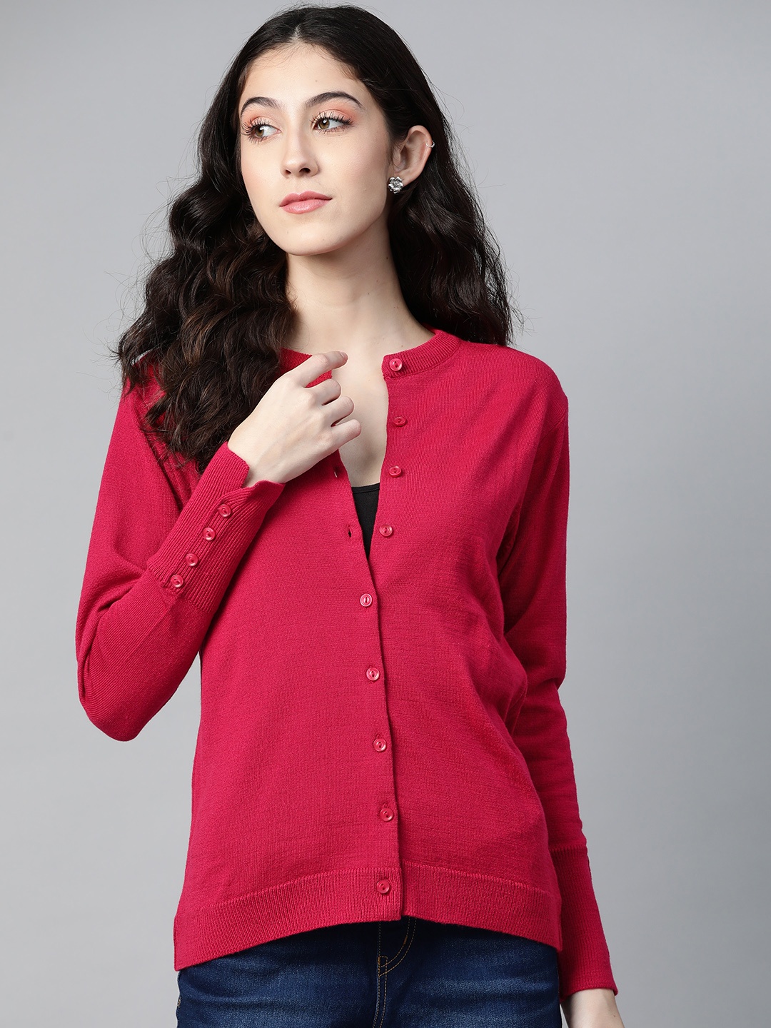 

PICOT Women Coral Red Solid Cardigan