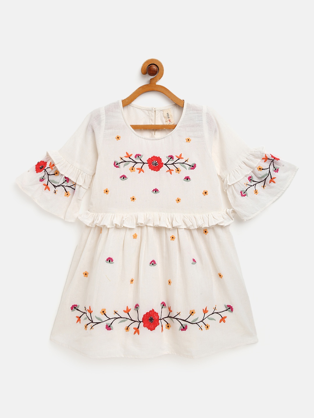 

SCOUP Girls Off-White & Coral Red Floral Embroidered Cotton Fit & Flare Dress