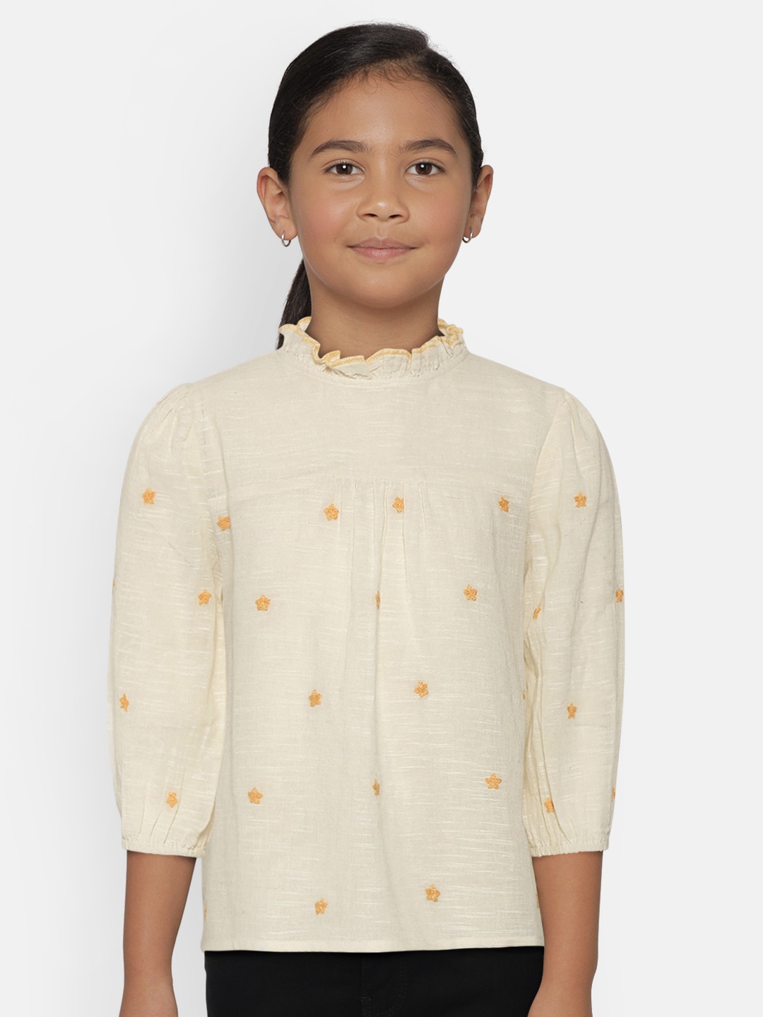 

SCOUP Girls Off-White & Yellow Floral Embroidered Cotton Top