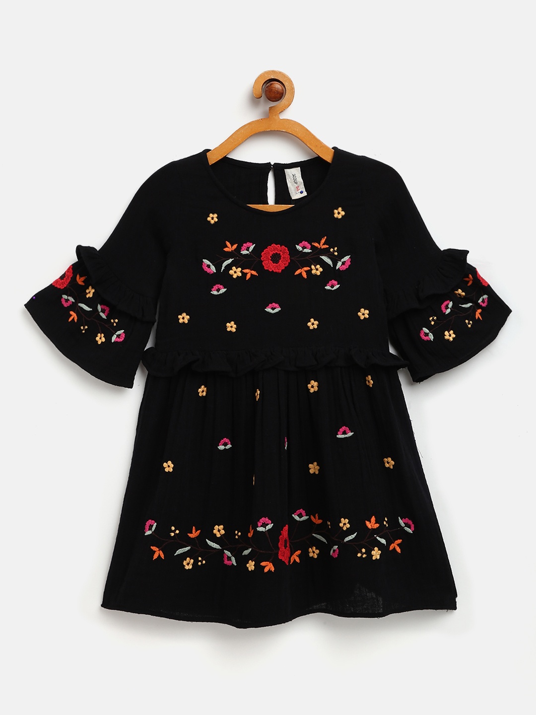 

SCOUP Girls Black & Yellow Floral Embroidered Cotton Fit & Flare Dress