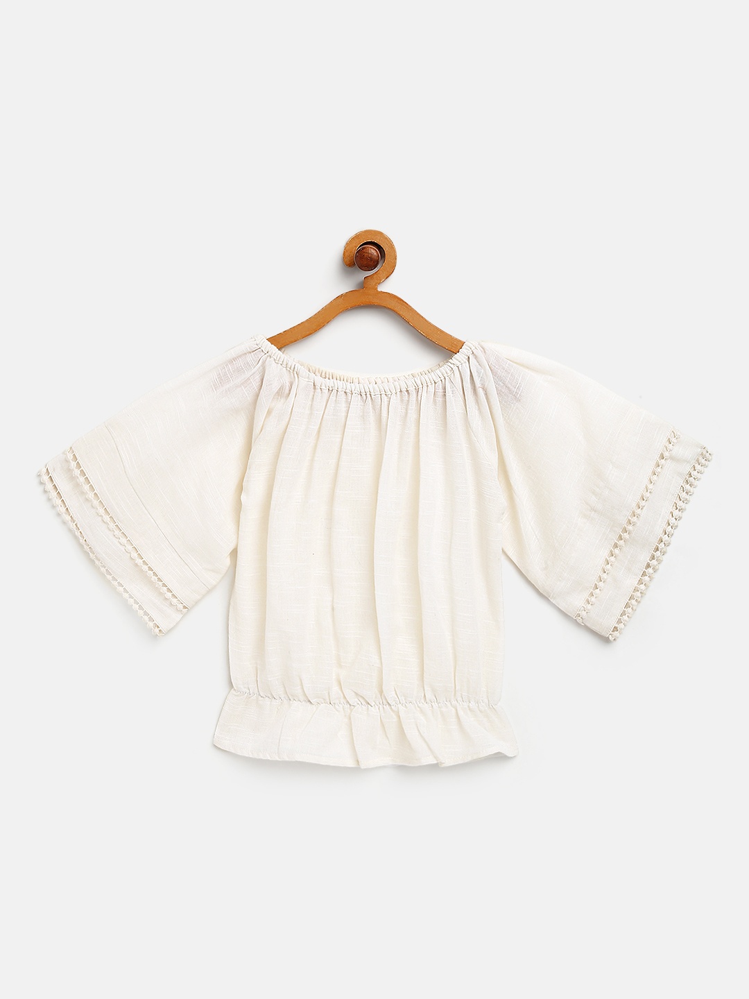 

SCOUP Girls White Off-Shoulder Self Design Lace Inserts Cotton Bardot Top