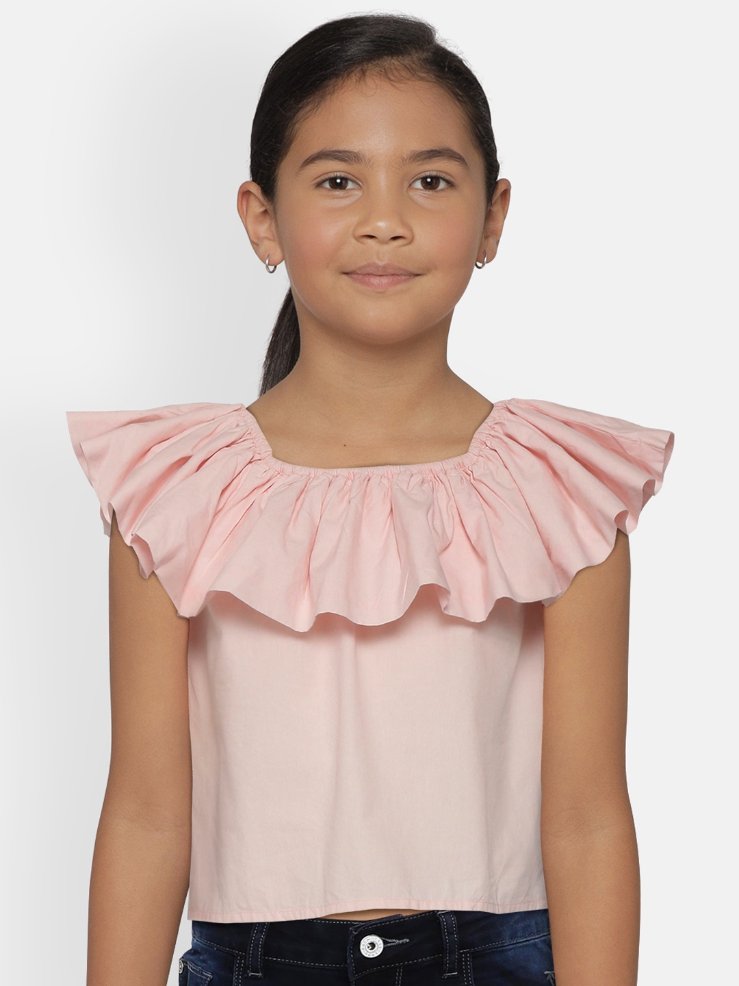 

SCOUP Girls Pink Cotton Off-Shoulder Bardot Top