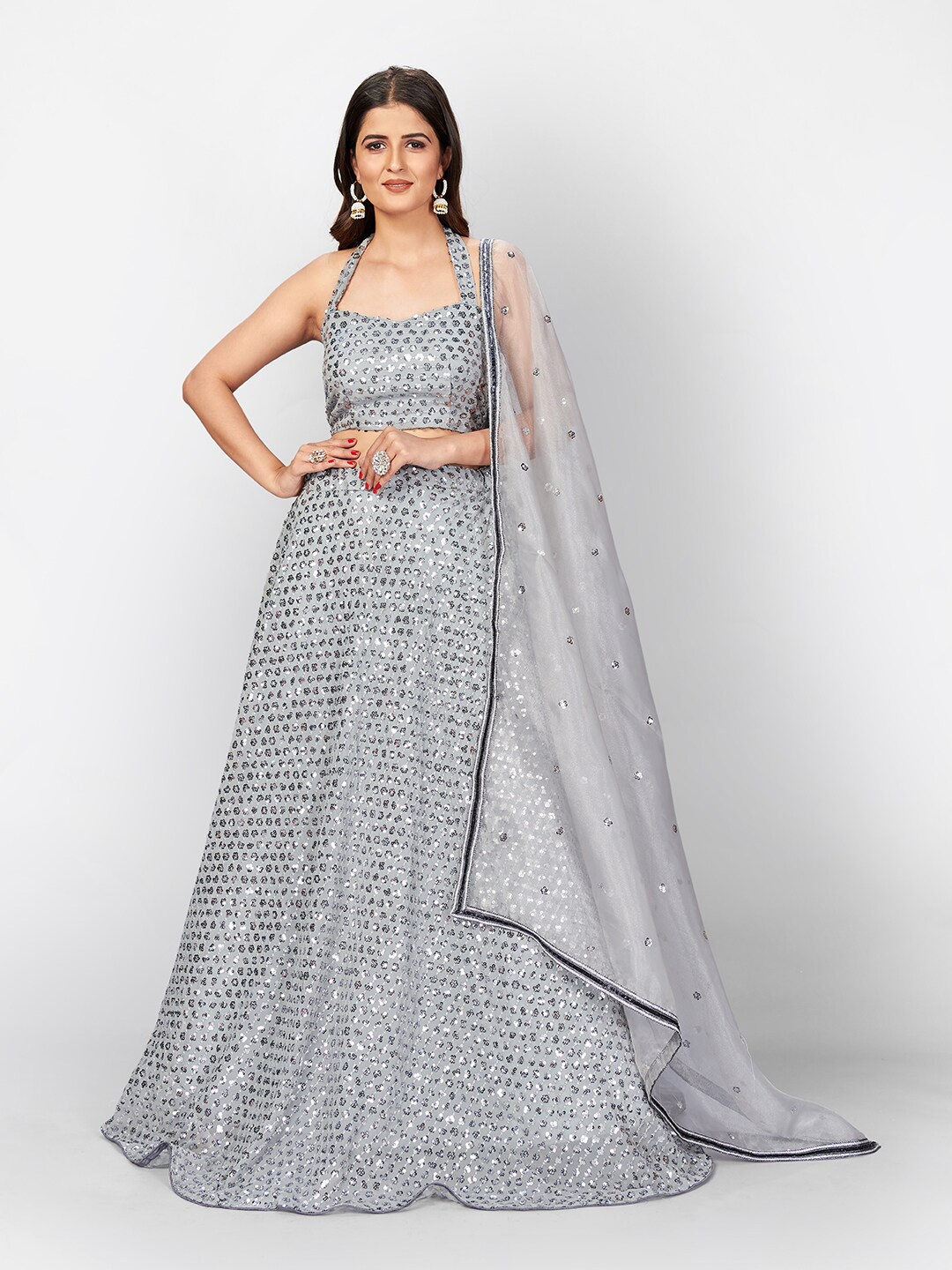 

SHOPGARB Grey & Silver-Toned Unstitched Lehenga & Blouse With Dupatta