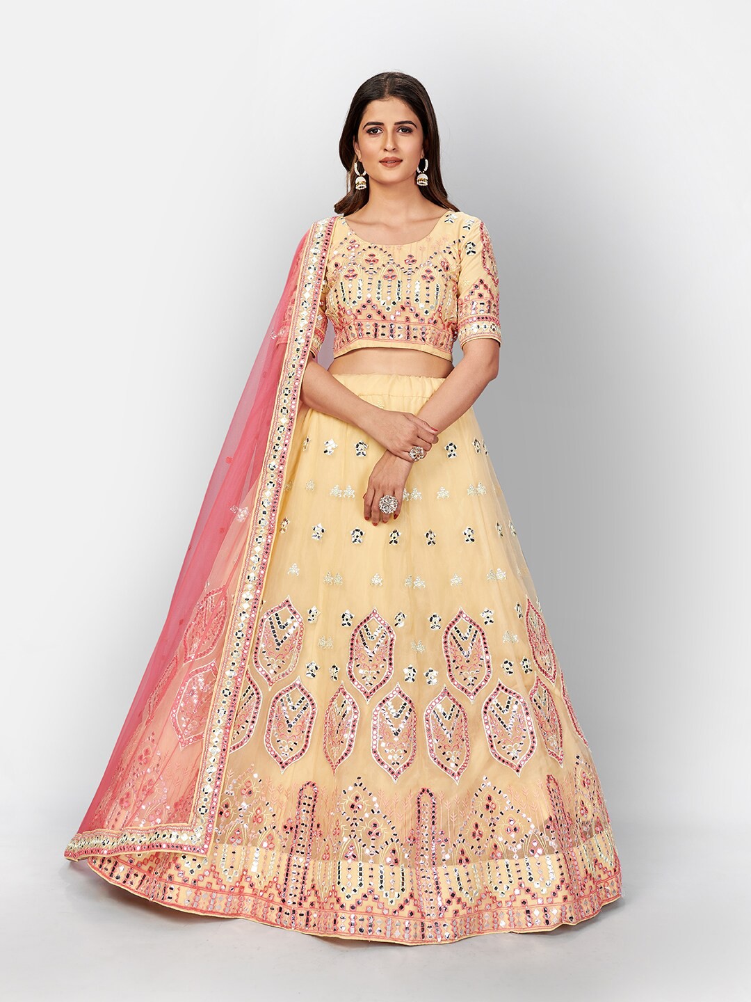 

SHOPGARB Yellow & Pink Embellished Mirror Work Semi-Stitched Lehenga & Unstitched Blouse With Dupatta