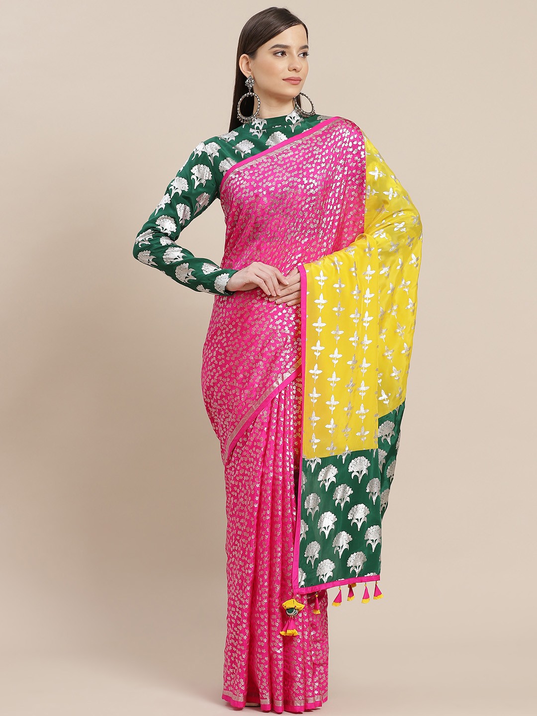

Masaba Pink & Yellow Silk Ethnic Motifs Printed Designer Saree