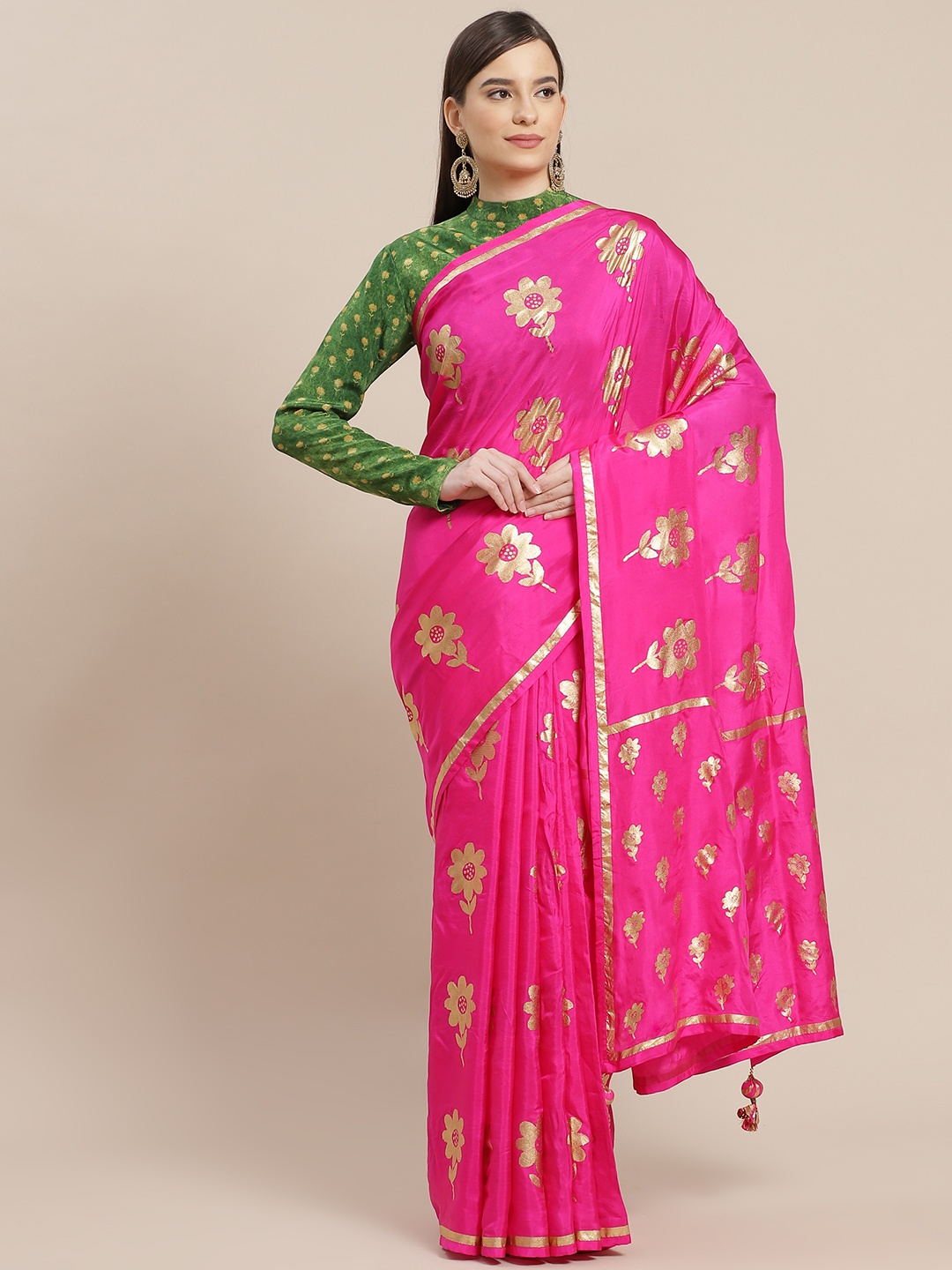 

Masaba Pink & Golden Silk Floral Designer Saree