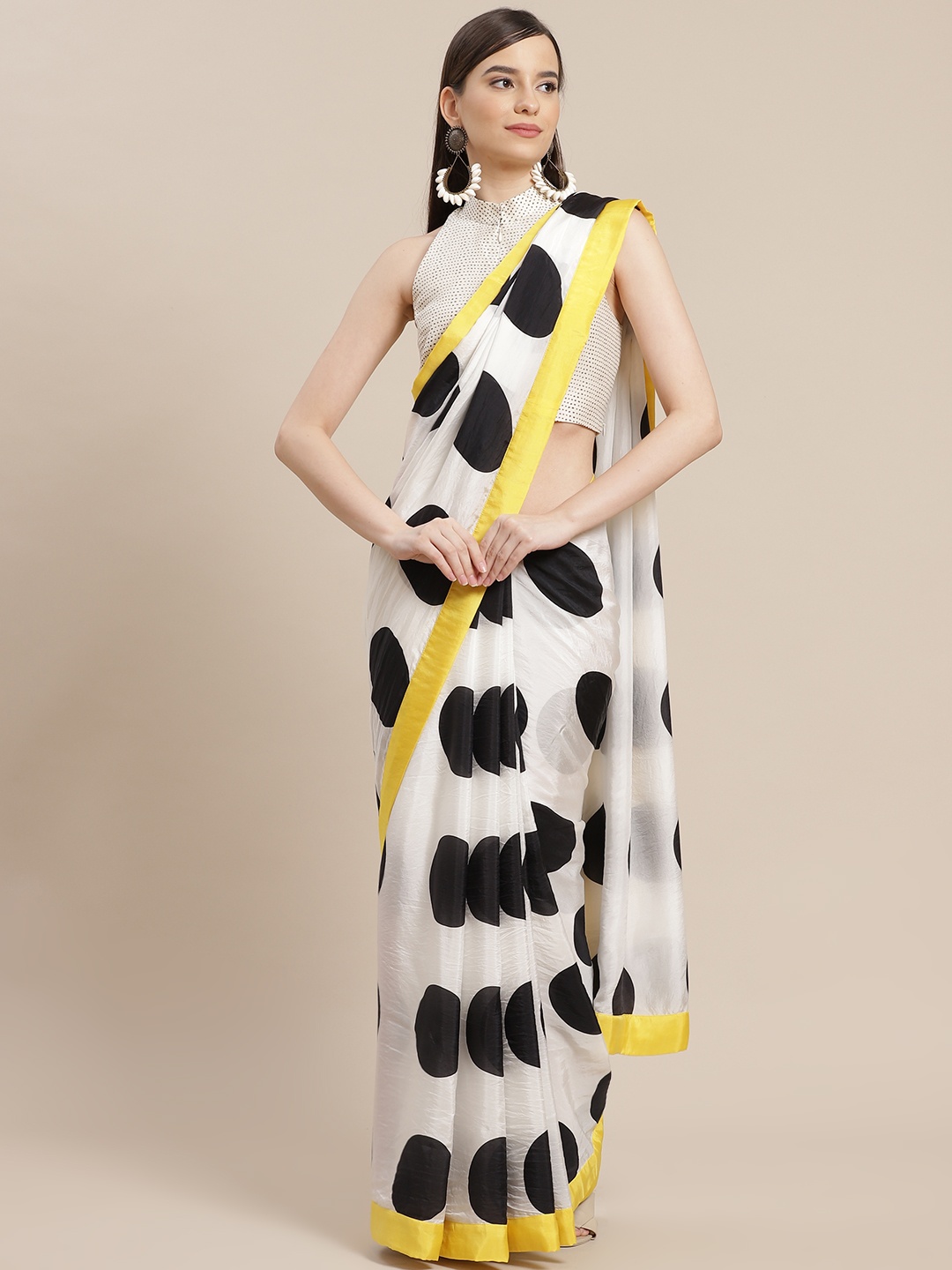 

Masaba White & Black Polka Dot Print Pure Silk Designer Saree