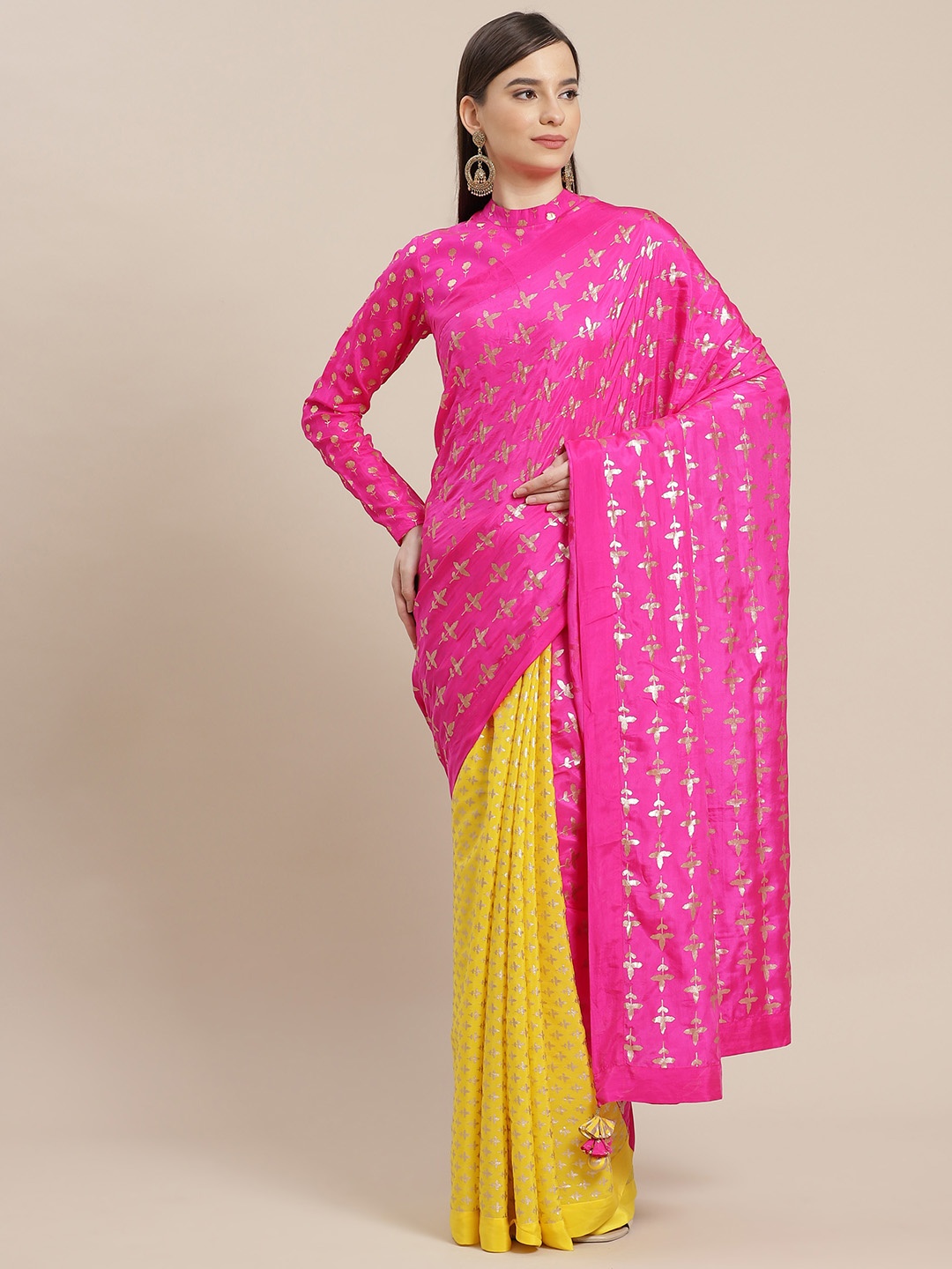

Masaba Yellow & Magenta Ethnic Motifs Printed Pure Silk Designer Saree