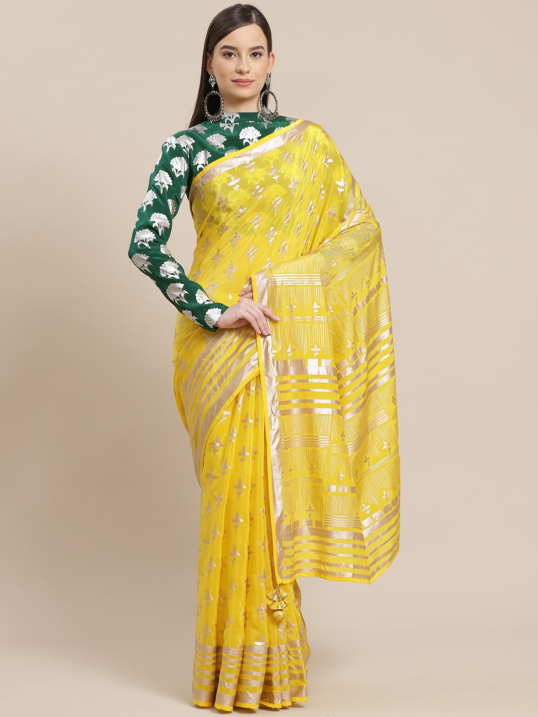 

Masaba Yellow & Golden Ethnic Motifs Printed Designer Saree