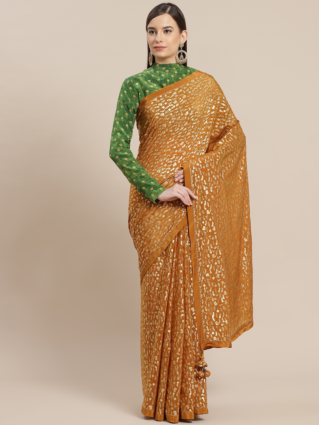 

Masaba Mustard Brown & Golden Ethnic Motifs Pure Crepe Designer Saree