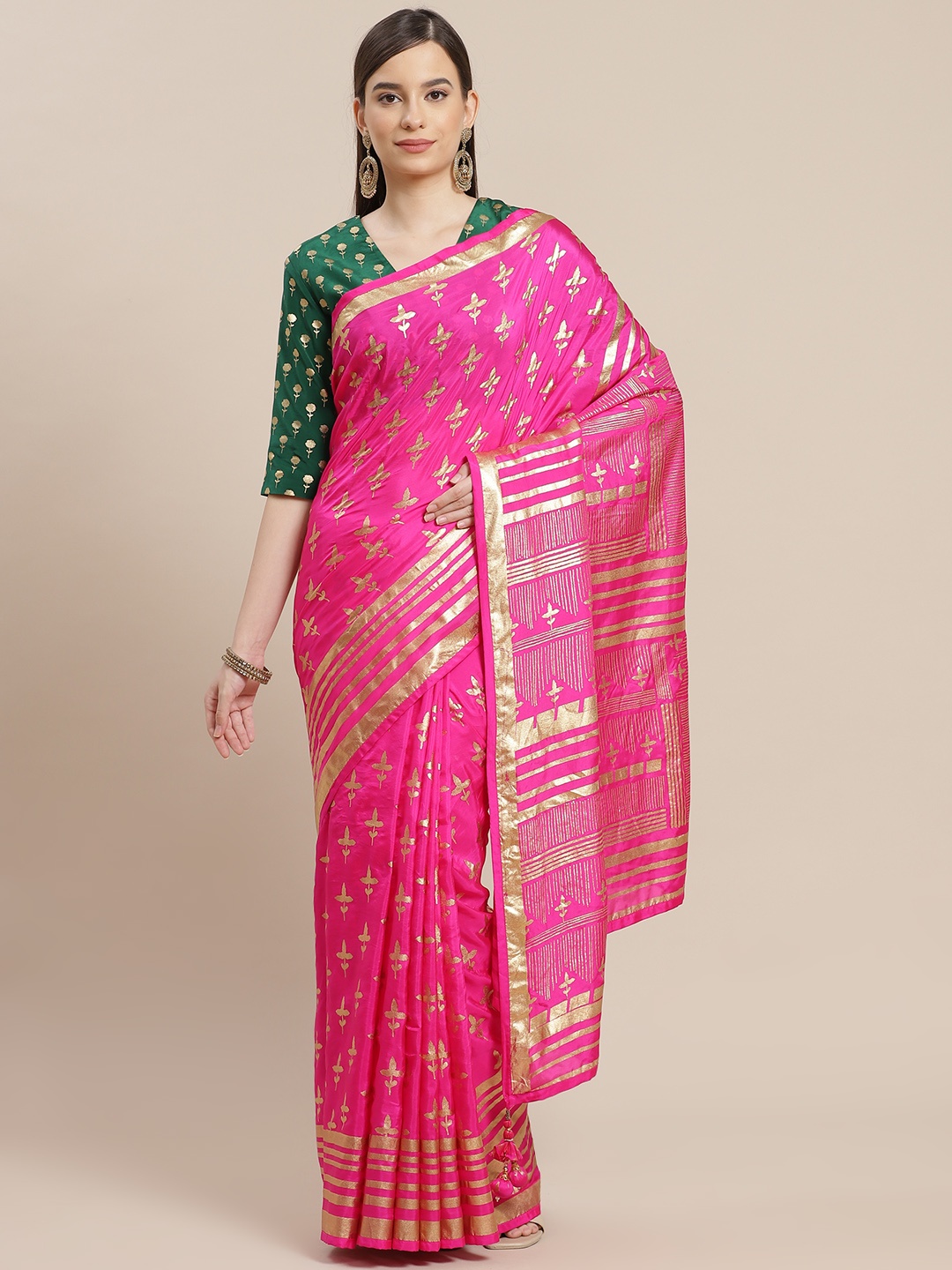 

Masaba Pink & Golden Ethnic Motifs Silk Saree